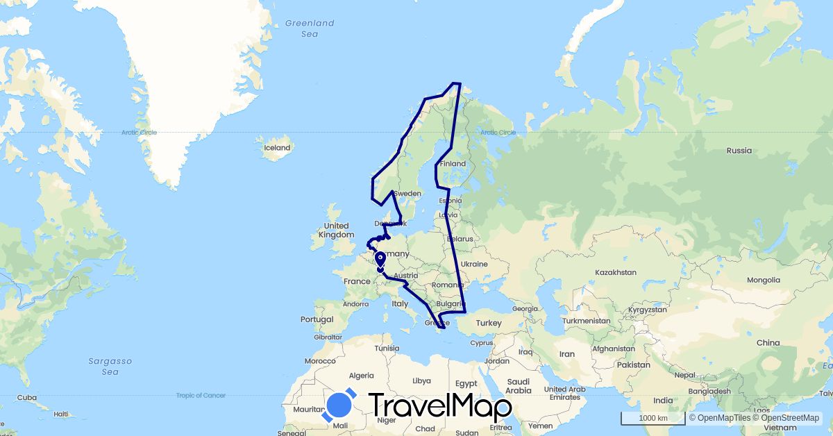 TravelMap itinerary: driving in Austria, Germany, Denmark, Estonia, Finland, France, Greece, Italy, Liechtenstein, Latvia, Montenegro, Netherlands, Norway, Sweden, Slovenia, Turkey (Asia, Europe)