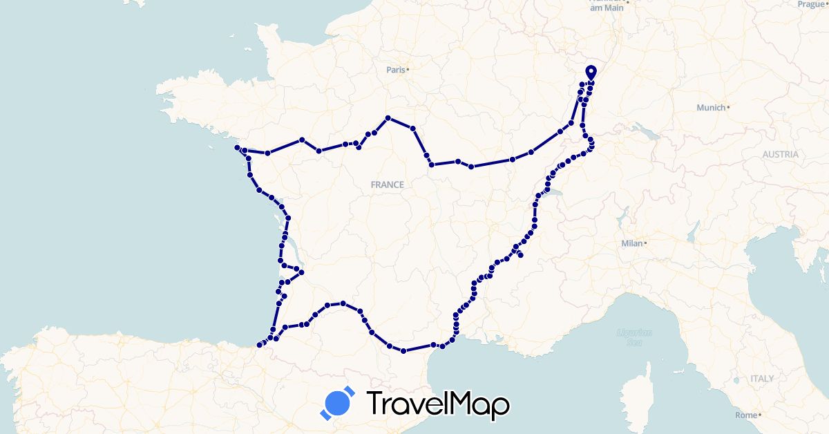 TravelMap itinerary: driving in Switzerland, Spain, France (Europe)